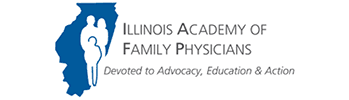 The image shows a logo with text that reads ILLINOIS ACADEMY OF FAMILY PHYSICIANS at the top, followed by a stylized graphic of a person s profile and a map silhouette of the state of Illinois, below which is a tagline Dedicated to advocacy, education action. The logo has a color scheme that includes blue, white, and gray.
